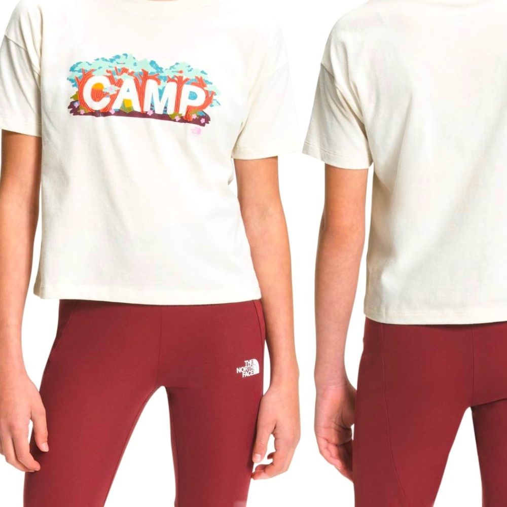 ⛺️🌲🔥🪵 The North Face Cream ‘CAMP’ Graphic Tee - crop top 4T and 6X girls 🪵🔥🌲⛺️